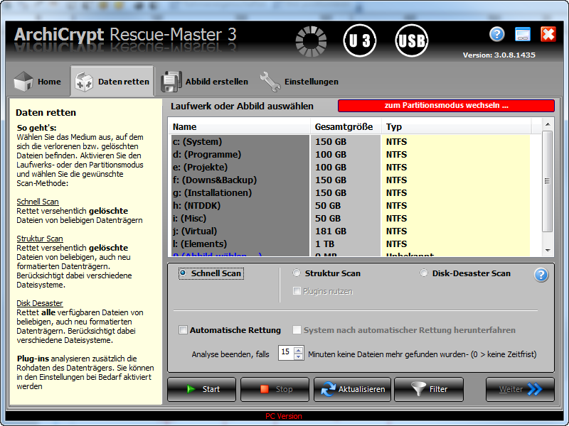 Screenshot vom Programm: ArchiCrypt Rescue-Master 3